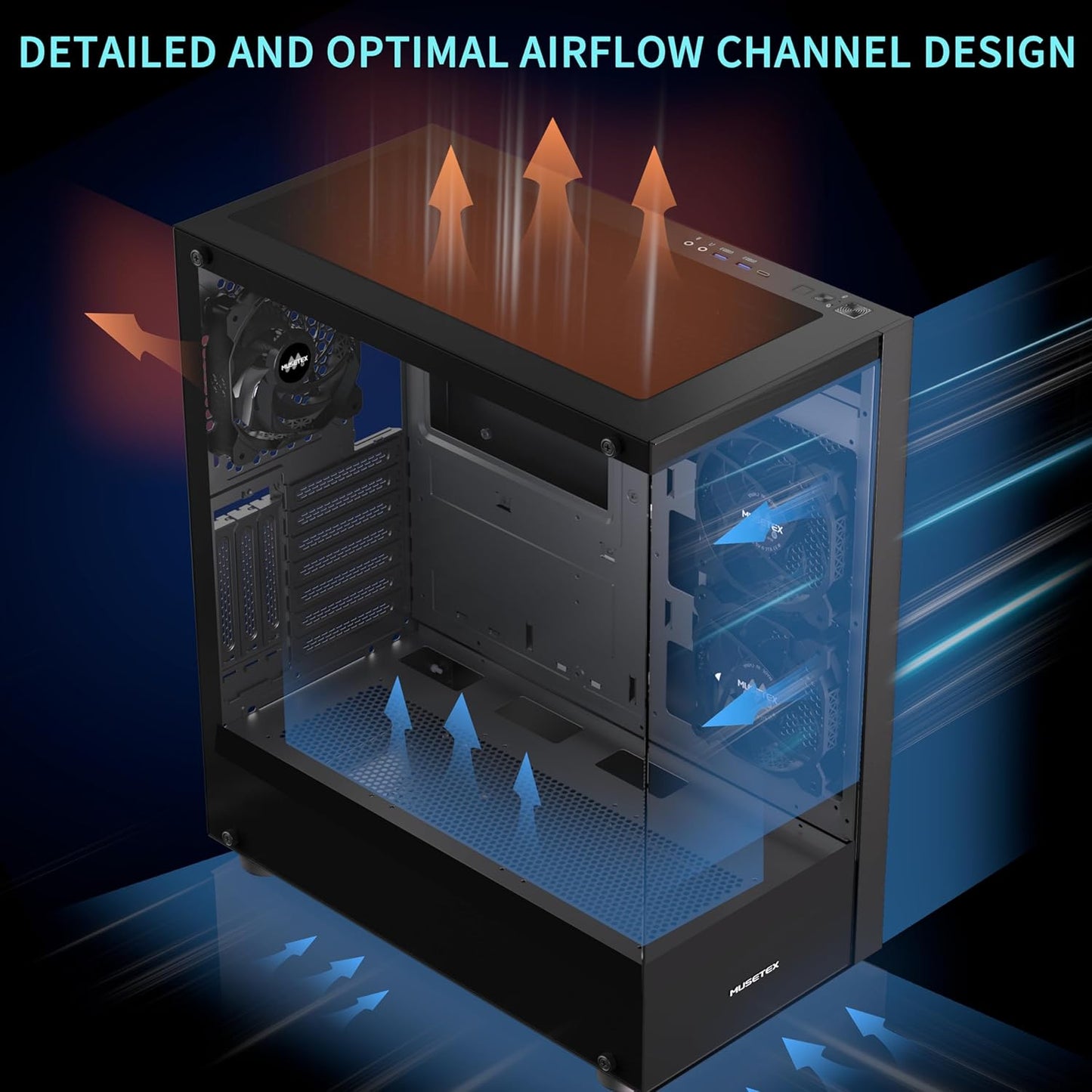 GABINETE PARA PC MUSETEX ATX, soporte RAD de 360 ​​mm, gabinete para PC de torre intermedia con doble vidrio templado y vista completa, gabinete para computadora tipo C con 3 ventiladores sin LED preinstalados, gabinete para PC para juegos, negro (K2) 