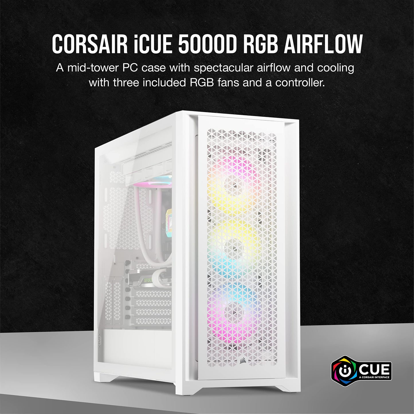 Caja de torre intermedia Corsair 5000D RGB - 3 ventiladores AF120 RGB - Lighting Node PRO - Diseño de alto flujo de aire - Gestión de cables RapidRoute - Negro 