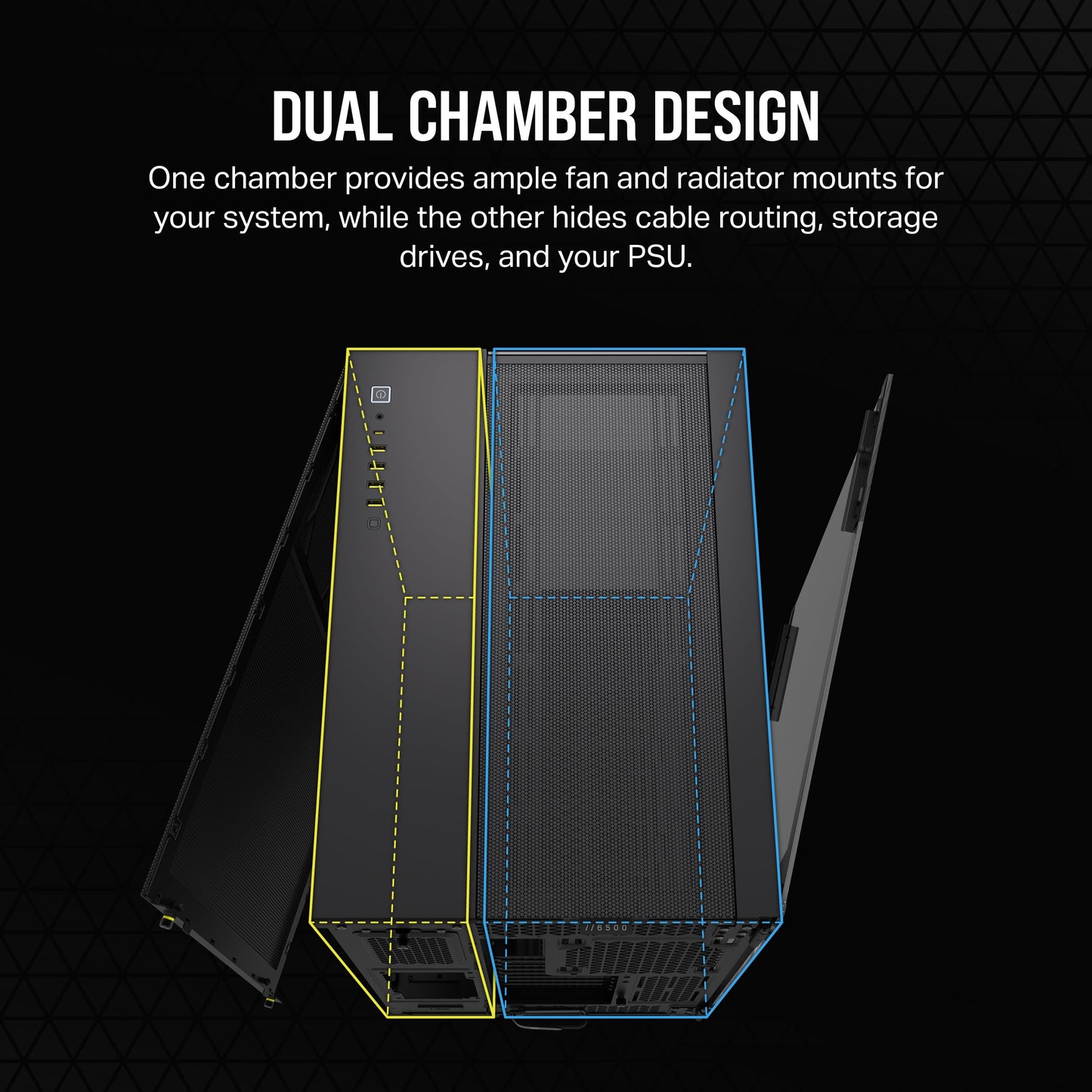 Caja para PC ATX de torre intermedia de doble cámara CORSAIR 6500X, vidrio templado panorámico, compatible con placa base con conexión inversa, sin ventiladores, color negro 