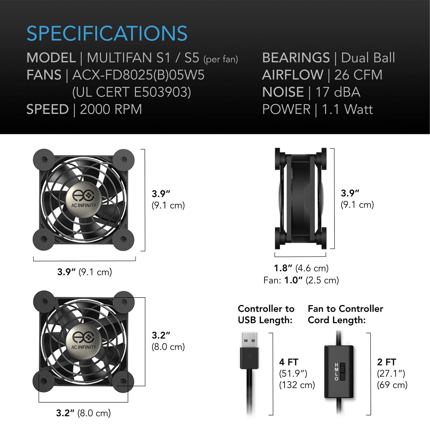 AC Infinity MULTIFAN S5, ventilador silencioso USB dual de 80 mm, certificado por UL para refrigeración de gabinetes de computadora, receptor DVR, PlayStation y Xbox 