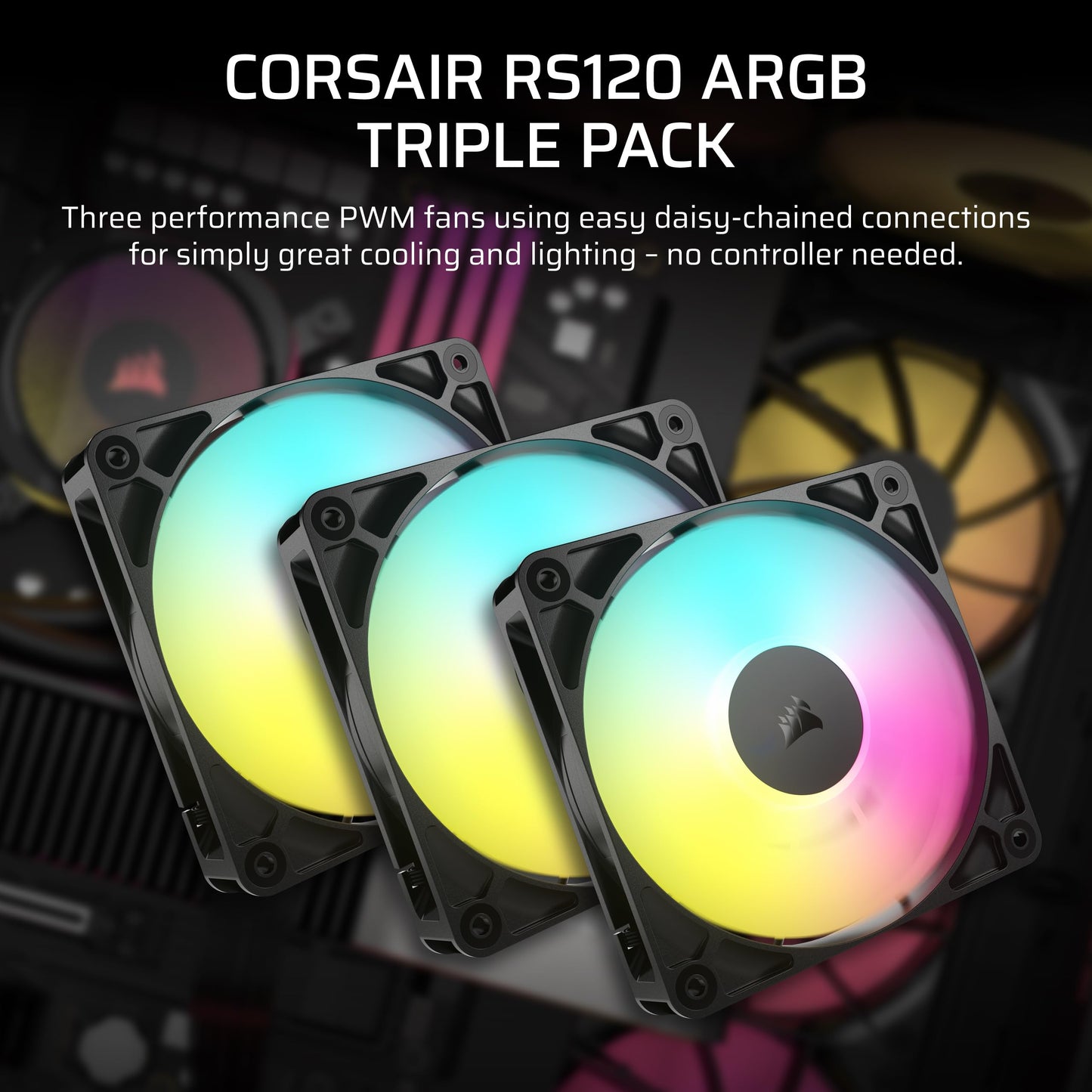 CORSAIR RS120 120mm PWM Fans – Daisy-Chain Connection – Low-Noise – Magnetic Dome Bearing – Triple Pack – Black