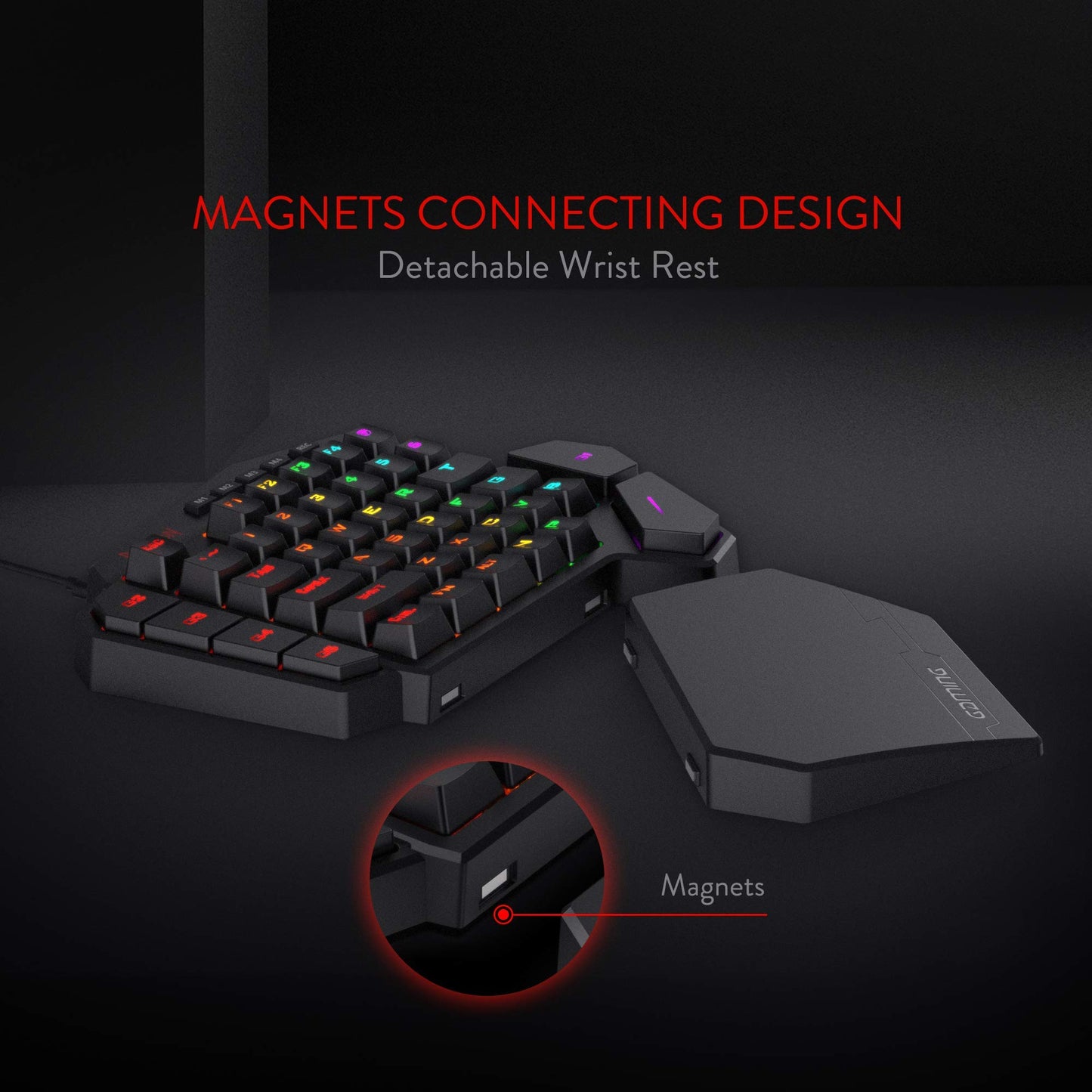 Teclado mecánico para juegos con cable RGB de una mano Redragon K585 DITI, teclado para juegos profesional tipo C de 42 teclas con conector intercambiable en caliente mejorado, 7 teclas macro integradas y reposamuñecas desmontable 