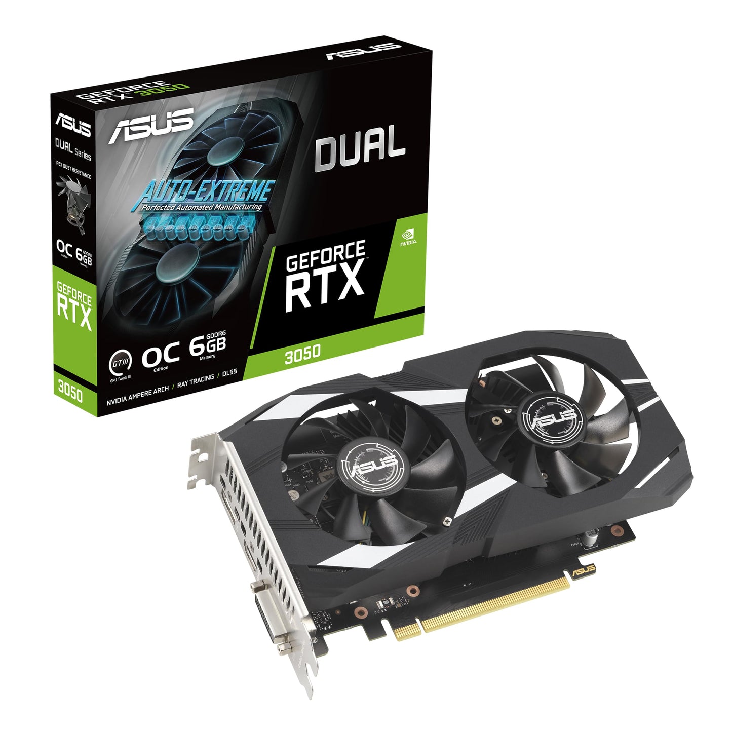 ASUS Dual NVIDIA GeForce RTX 3050 6GB OC Edition Gaming Graphics Card - PCIe 4.0, 6GB GDDR6 Memory, HDMI 2.1, DisplayPort 1.4a, 2-Slot Design, Axial-tech Fan Design, 0dB Technology, Steel Bracket