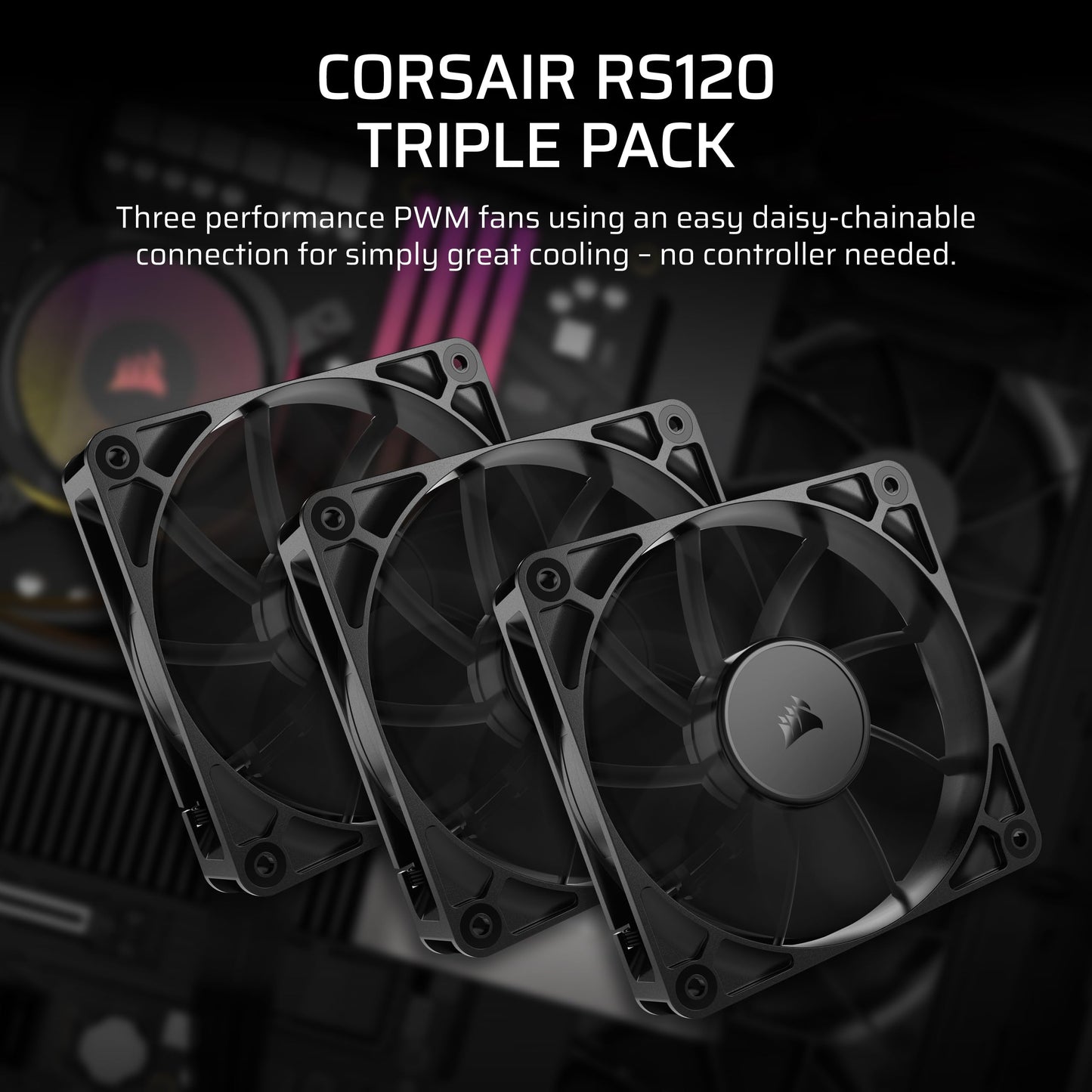 CORSAIR RS120 120mm PWM Fans – Daisy-Chain Connection – Low-Noise – Magnetic Dome Bearing – Triple Pack – Black