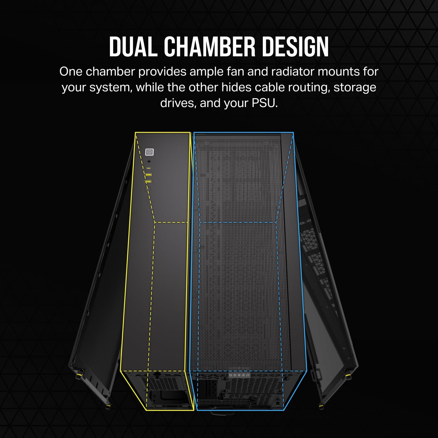 Caja para PC ATX de torre intermedia de doble cámara CORSAIR 6500X, vidrio templado panorámico, compatible con placa base con conexión inversa, sin ventiladores, color negro 