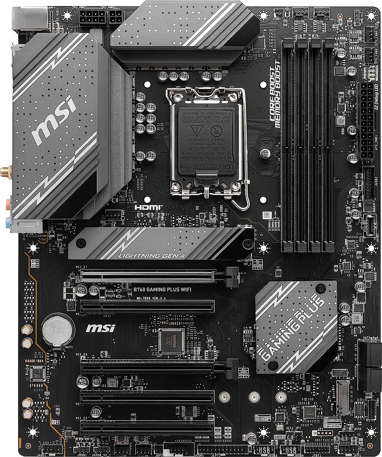 MSI B760 Gaming Plus WiFi Gaming Motherboard (Supports 12th/13th/14th Gen Intel Processors, LGA 1700, DDR5, PCIe 4.0, M.2, 2.5Gbps LAN, USB 3.2 Gen2, HDMI/DP, Wi-Fi 6E, Bluetooth 5.3, ATX)