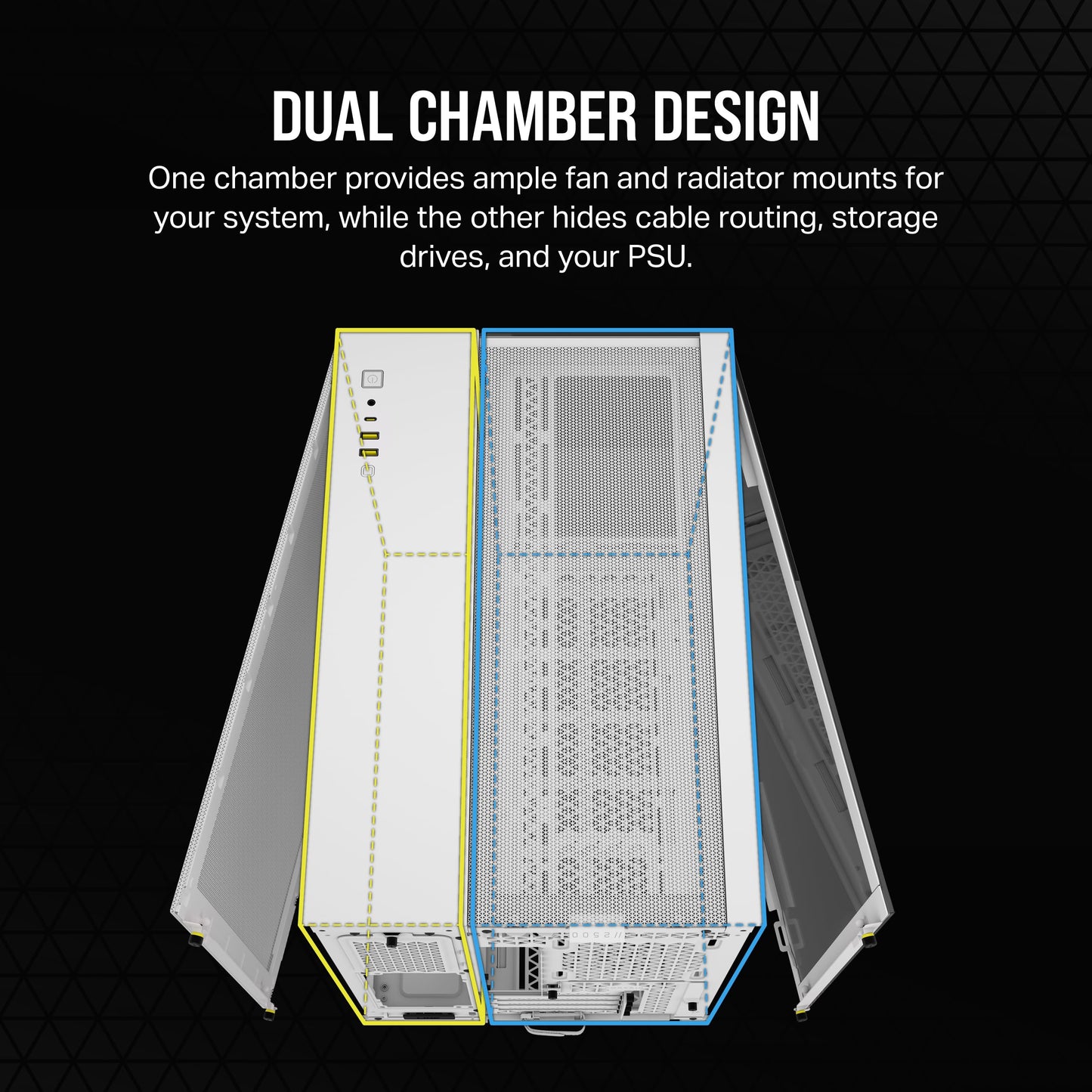 Caja para PC ATX de torre intermedia de doble cámara CORSAIR 6500X, vidrio templado panorámico, compatible con placa base con conexión inversa, sin ventiladores, color negro 