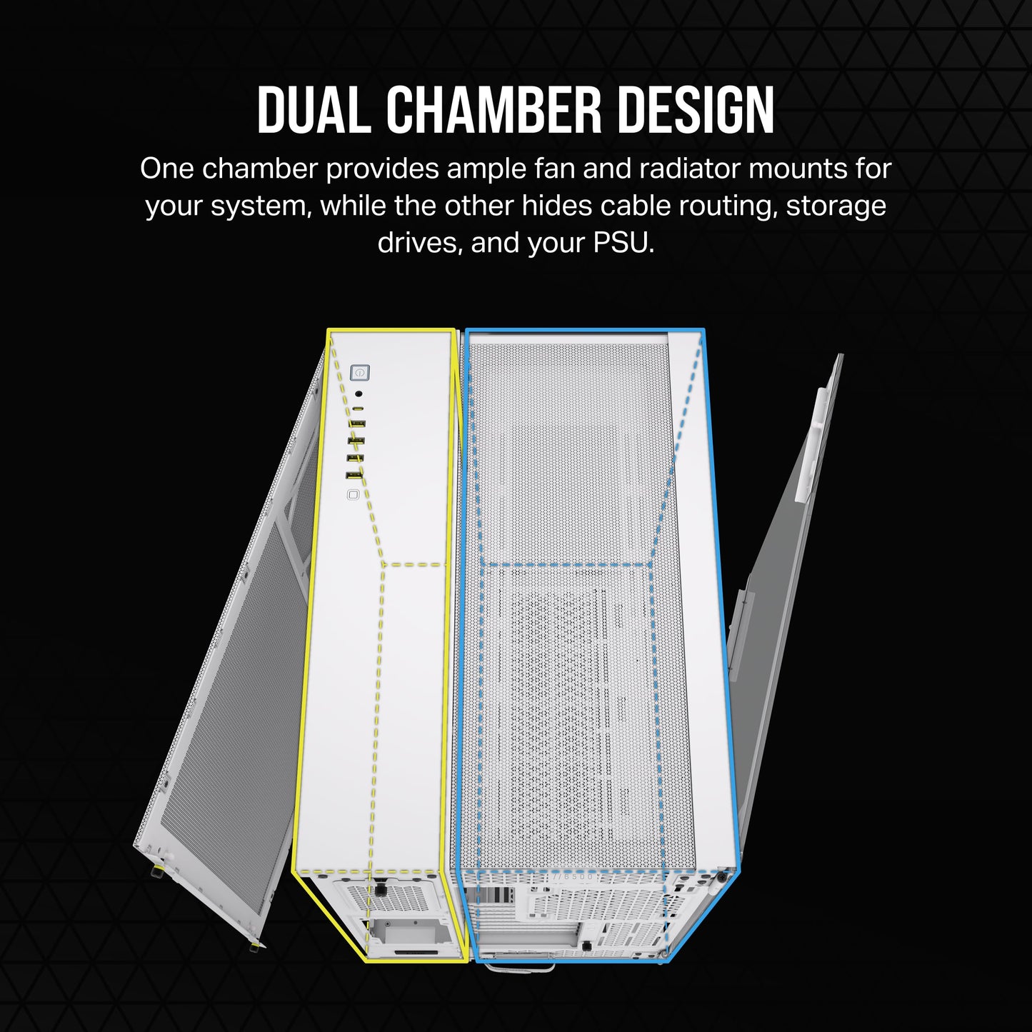 Caja para PC ATX de torre intermedia de doble cámara CORSAIR 6500X, vidrio templado panorámico, compatible con placa base con conexión inversa, sin ventiladores, color negro 