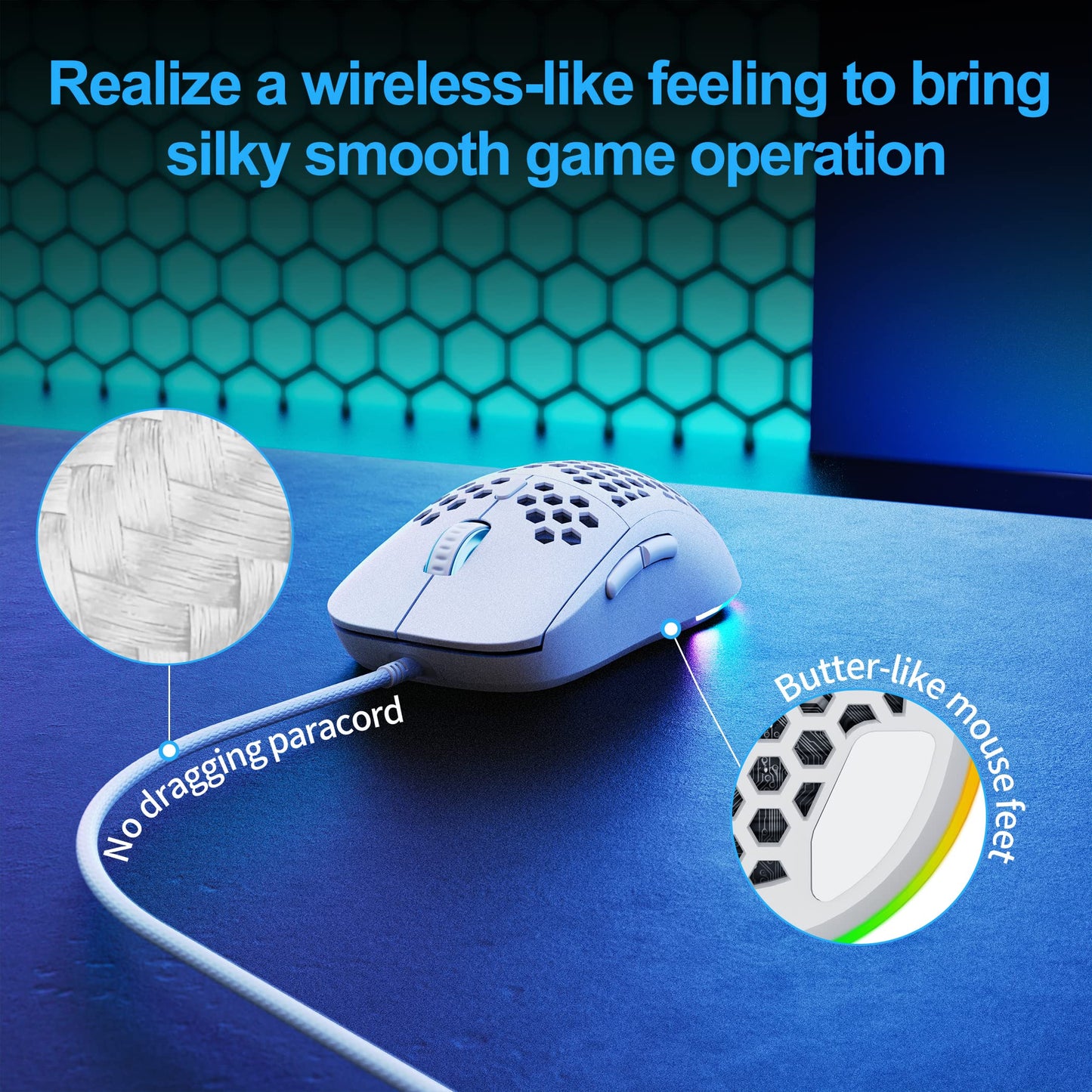 TMKB Falcon M1SE Ultralight Honeycomb Gaming Mouse, High-Precision 12800DPI Optical Sensor, 6 Programmable Buttons, Customizable RGB, Drag-Free Paracord, Ergonomic, Wired - Matte White